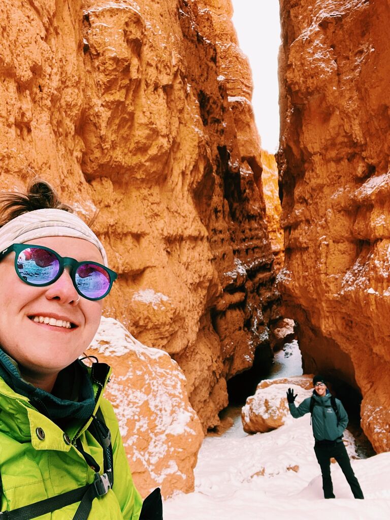 Ivy and Brian in Bryce Canyon National Park. Ivy was convinced that April "wasn't winter" and was upset that all the campgrounds weren't open. Winter showed up in force the next morning!