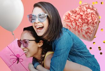 Collage of sisters-in-law surrounded by cake, balloons and a birthday present