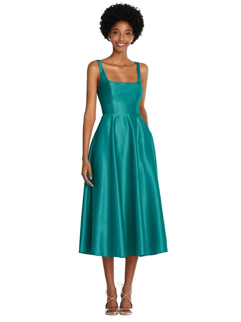Dessy Group jewel-tone satin bridesmaid dress in jade with square neck and midi skirt