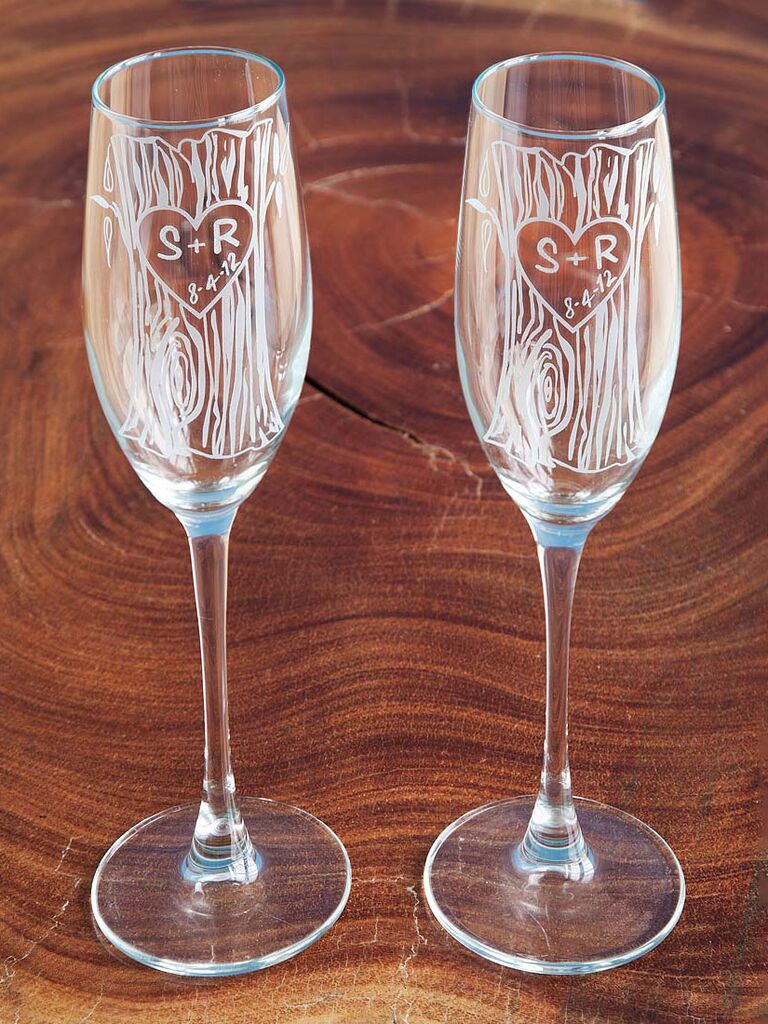Set of champagne flutes with aboral etching engagement gift from parents