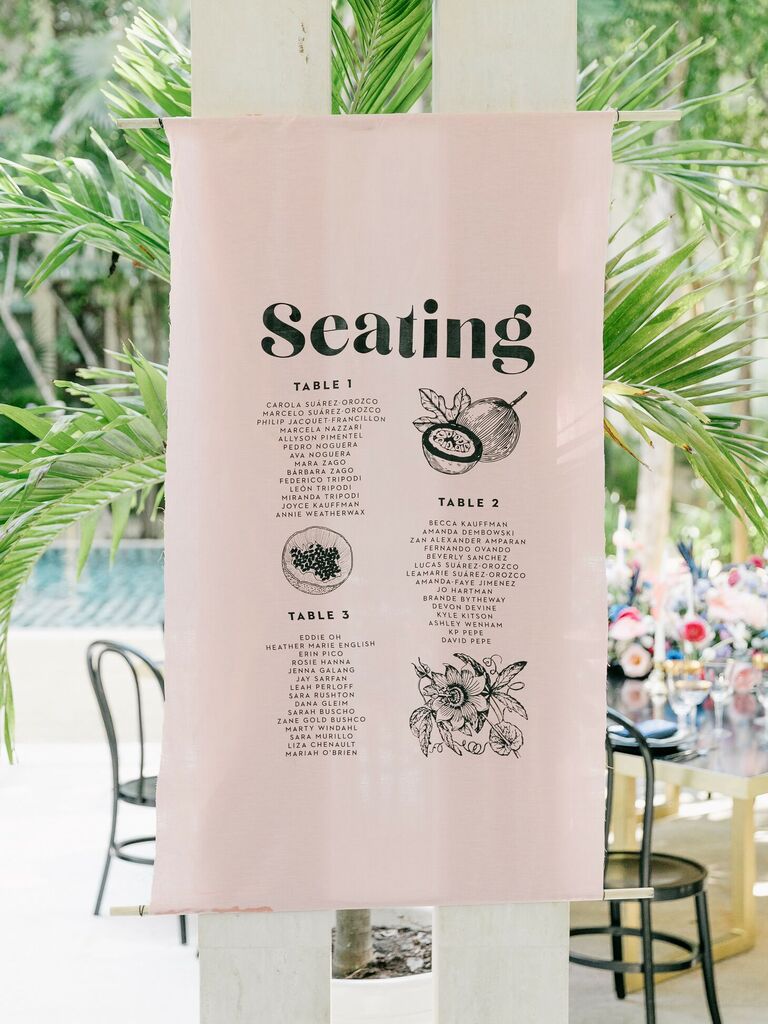 Linen seating chart with tropical illustrations