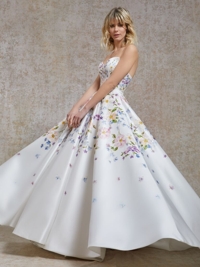 Floral wedding dress, pastel trend 2024. 