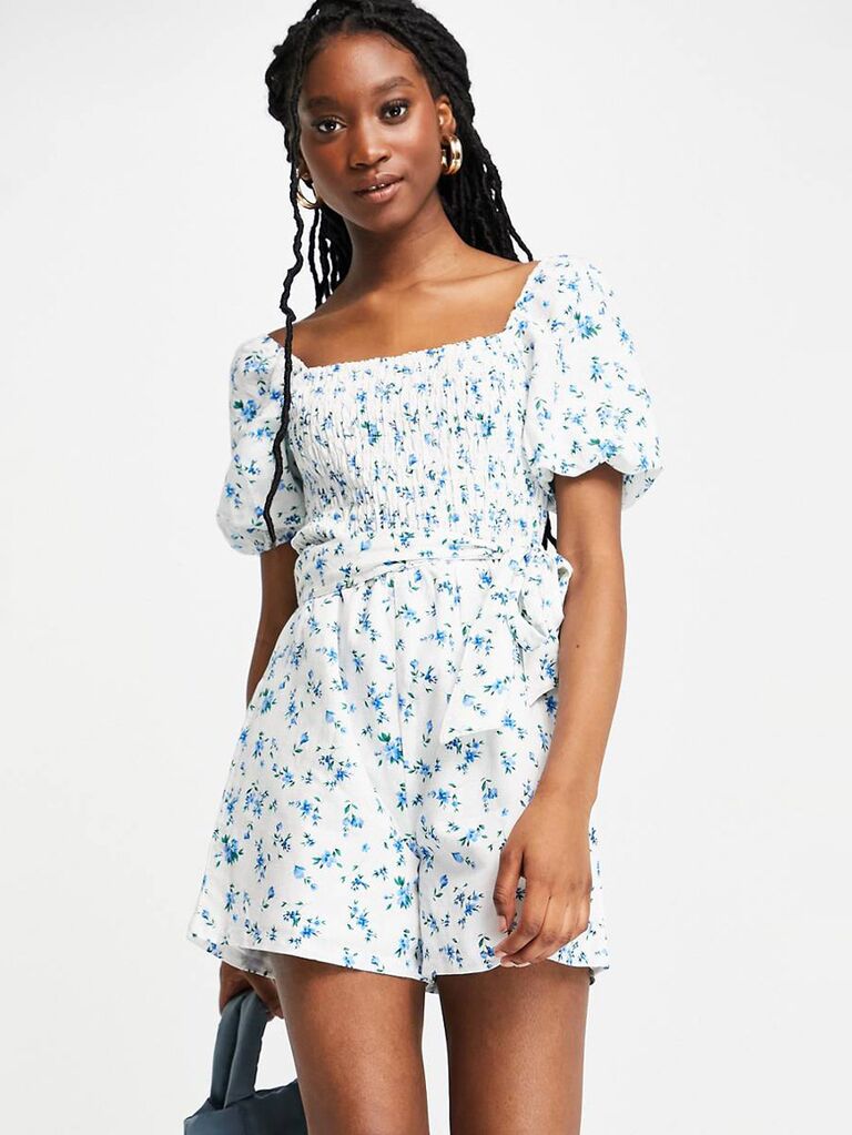 asos white bridal romper with blue floral print short puffy sleeves tie waist square neckline and shorts
