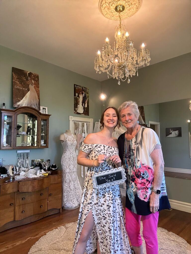 After forty four dresses tried on, Kiley said yes to the dress! She was able to share this special moment with Grandma Marlene in Nanaimo, Canada. Donna, Terry, and Taylor were able to help Kiley try on dresses in Los Angeles as well!