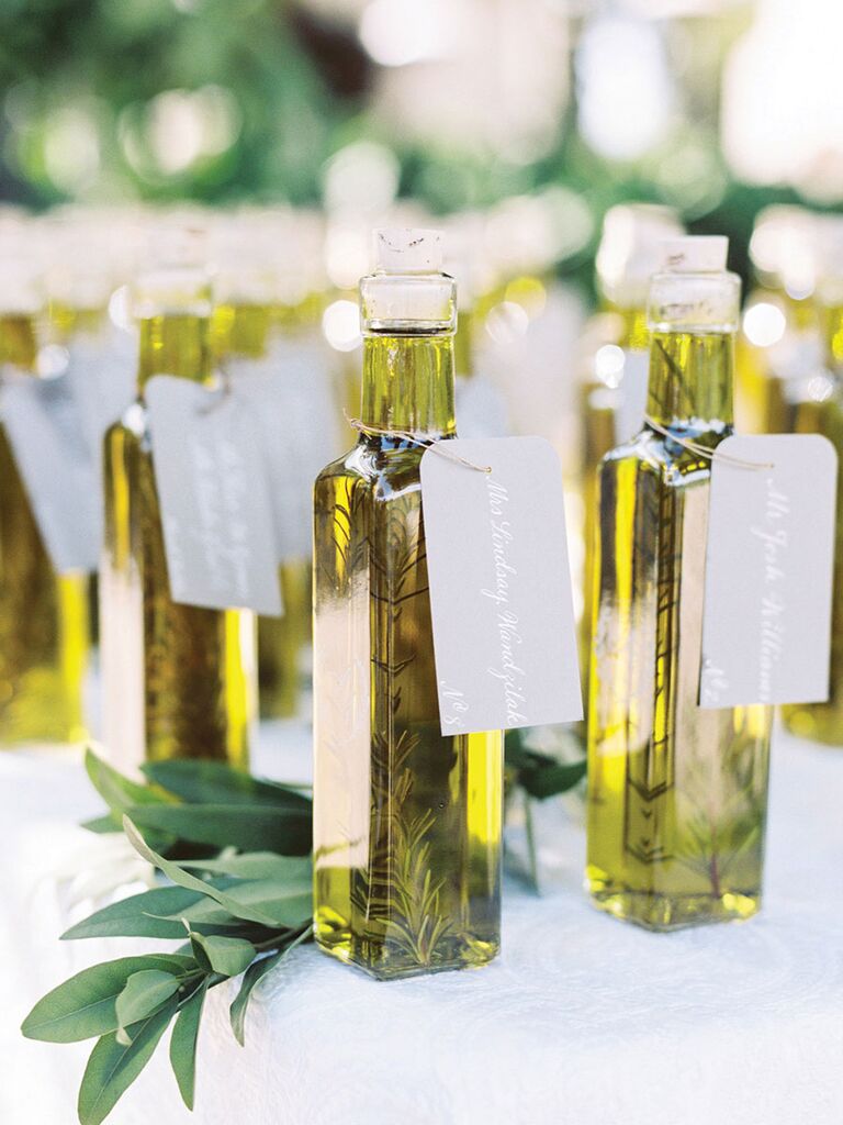 Olive oil escort card idea for a creative wedding idea