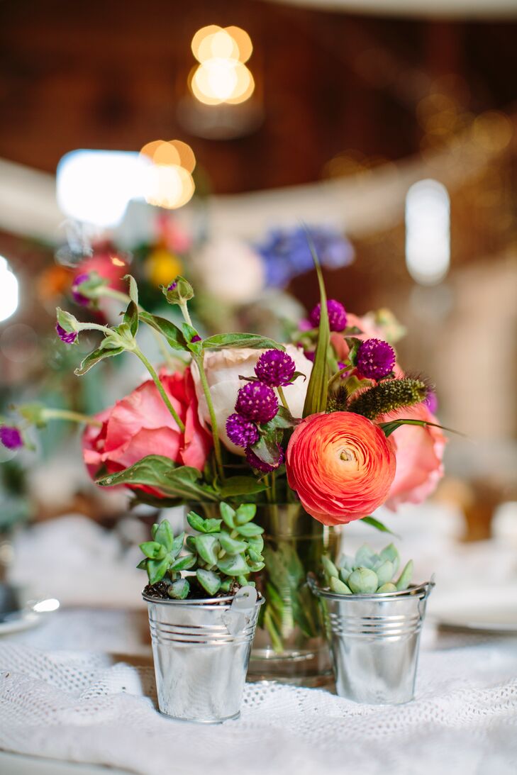 Orange Ranunculus, Purple Thistle Reception Centerpieces