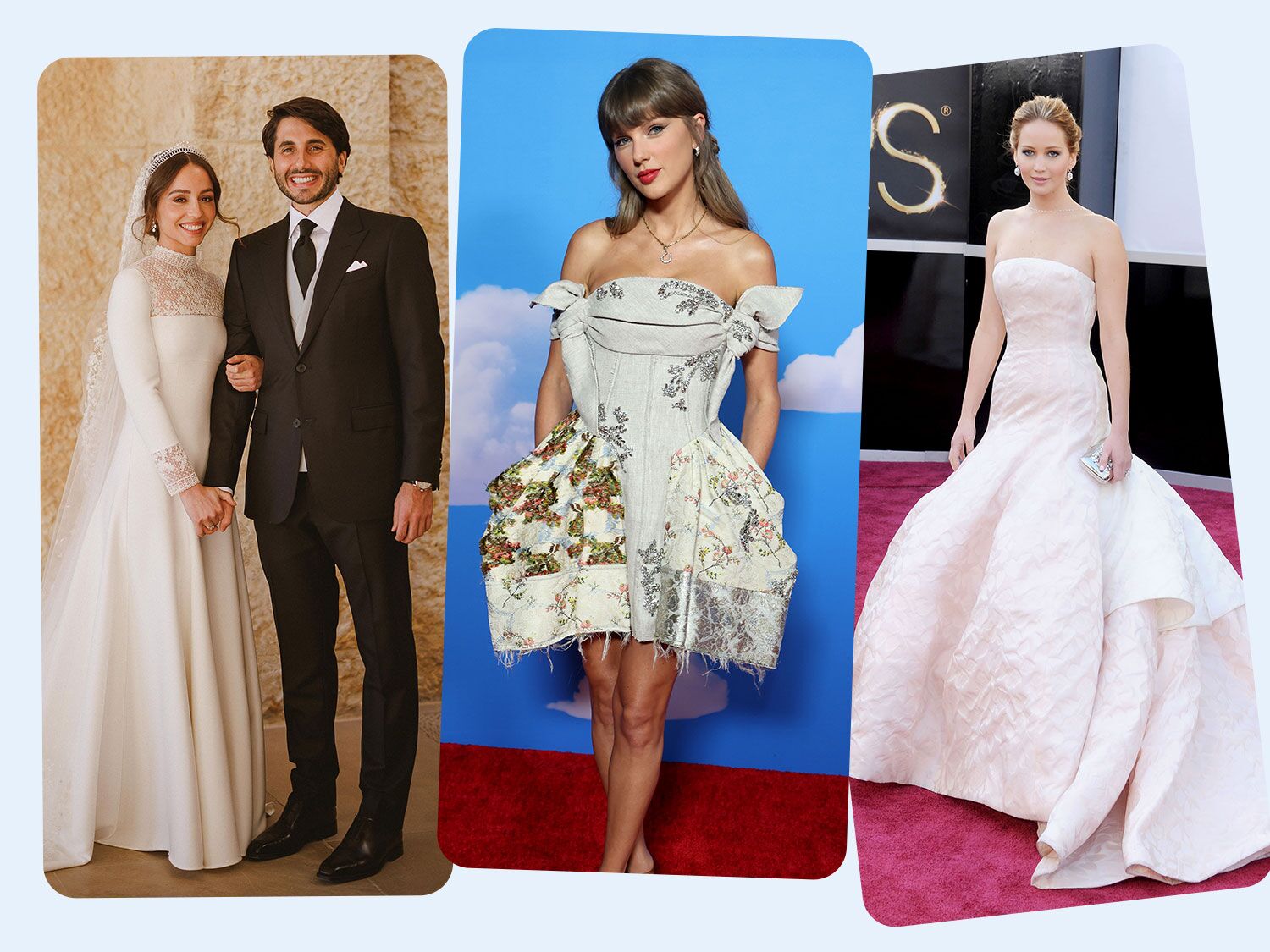 Collage of celebrities who wore Dior wedding dresses