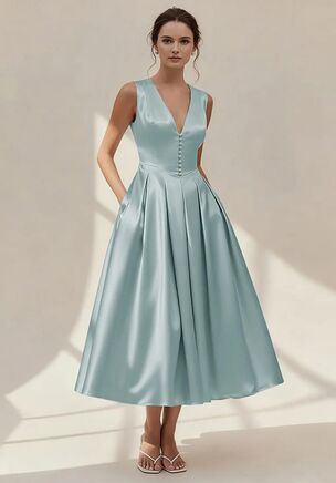 The AW Chyna Dress is a tea-length satin gown with a sleeveless V-neck and A-line silhouette, ideal for garden weddings and festive celebrations.