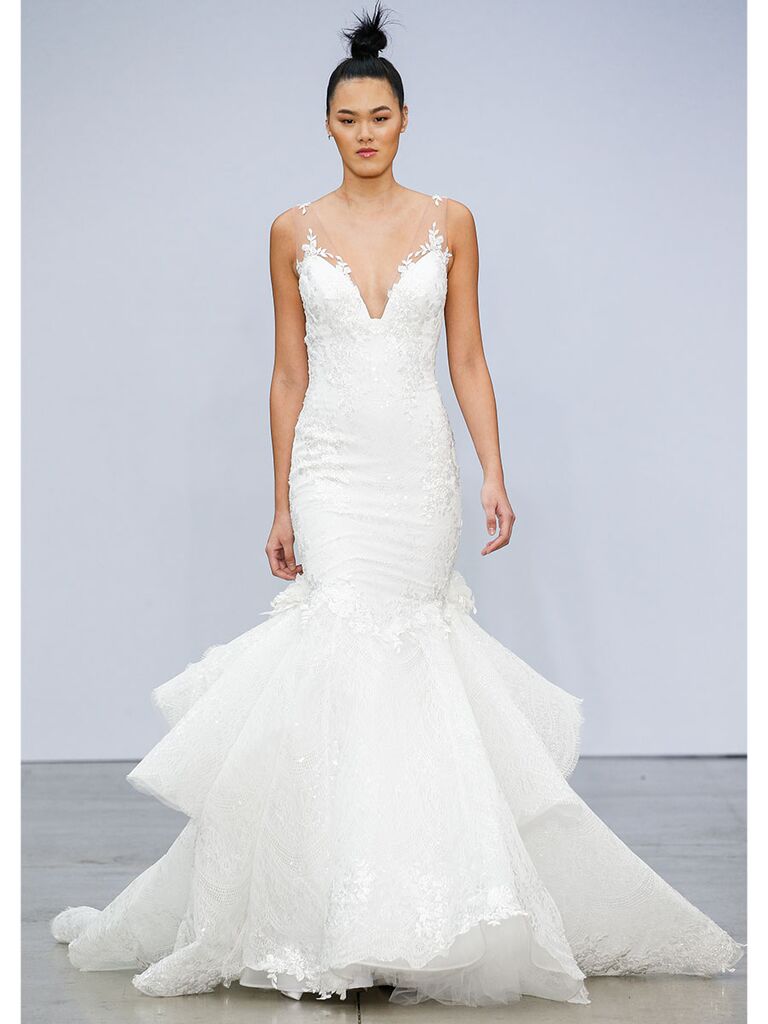 Beautifully Elaborated Sheer Long Sleeves And High Collar Illusion Lace  Applique Wedding Dress With High Side Slit