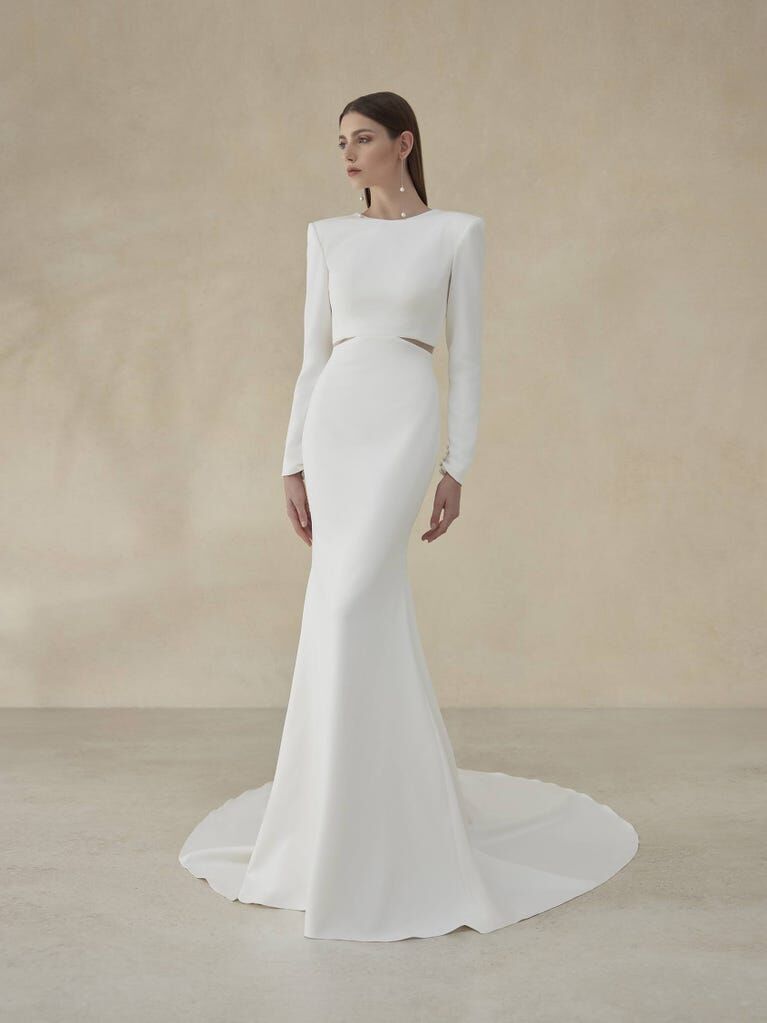 Pronovias modest wedding gown with side cutouts