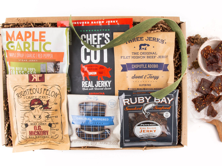 Beef jerky gift box in flavors like cracked pepper, hickory, steak, etc.