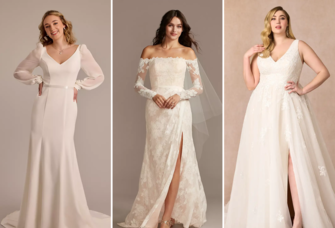 Collage of three petite wedding dresses. 