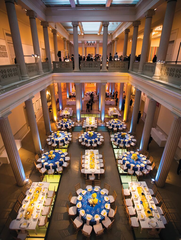 Blue and yellow reception decor