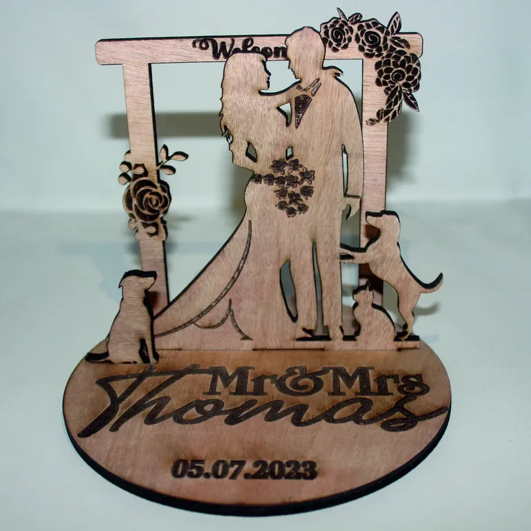 Man Holding Mermaid Mr. and Mrs. Custom Wood Wedding Cake Topper