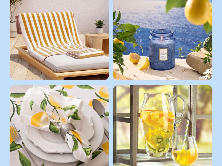 Four gifts: sun lounger, scented candle, lemonade pitcher, lemon table linens