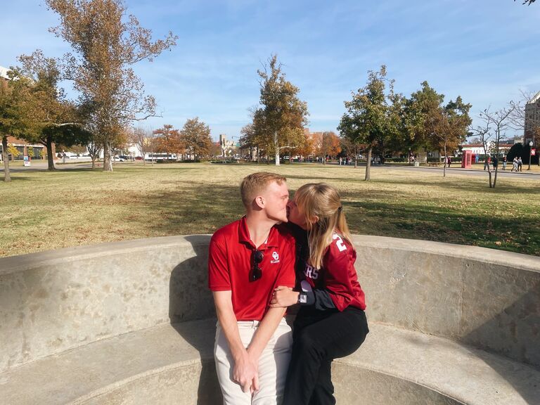 And then a year later, Caitlyn visited Connor in OKC during her bye week to celebrate our five-year anniversary. We kissed in the Spoonholder statue on OU's campus, legend says that means you're destined to be married!