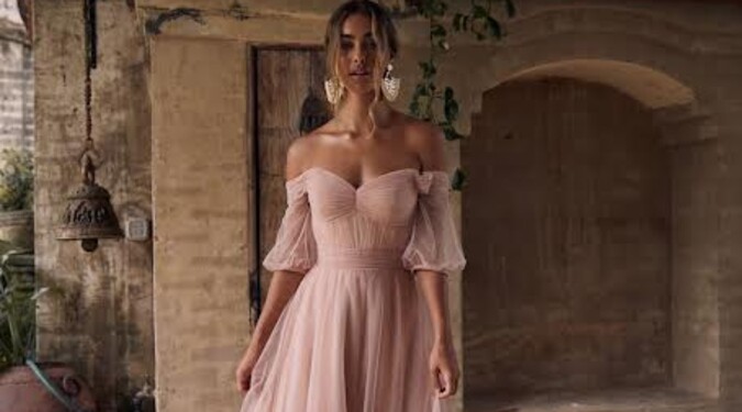 off the shoulder dress chiffon Lady Black Tie - Olga Gown - Shimmer Waist 25.5(65cm) Chic. Trendy. Cocktail dresses Size:Pre-order Size 2 Swatch:#f2d5ca