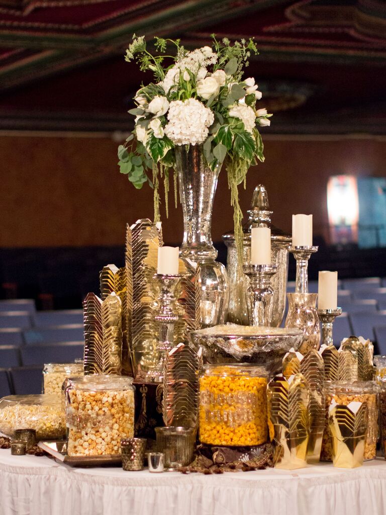 NYE wedding favor idea popcorn station with toppings and to-go-boxes 