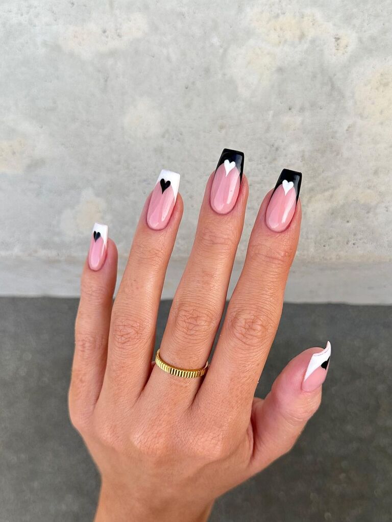 Black and white French tip Valentine's Day nails