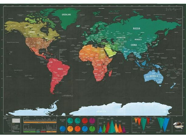 Map scratched revealing lots of colours across each continent