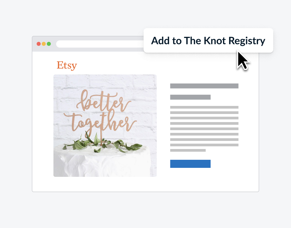 A cursor hovering over a button that says “Add to The Knot Registry” at the top of an Etsy page.