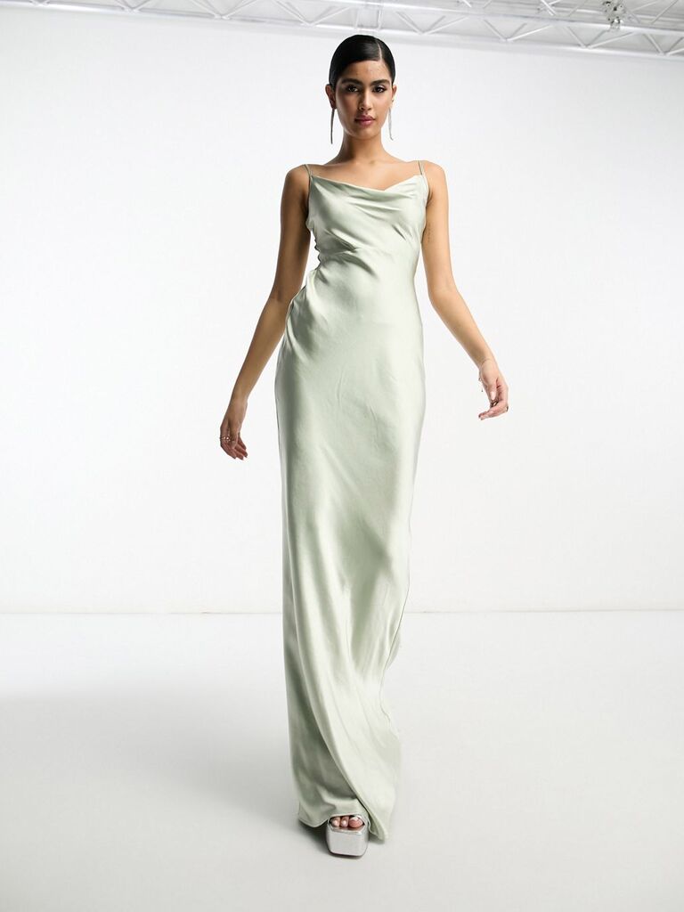Pretty Lavish sage green winter wedding bridesmaid dress