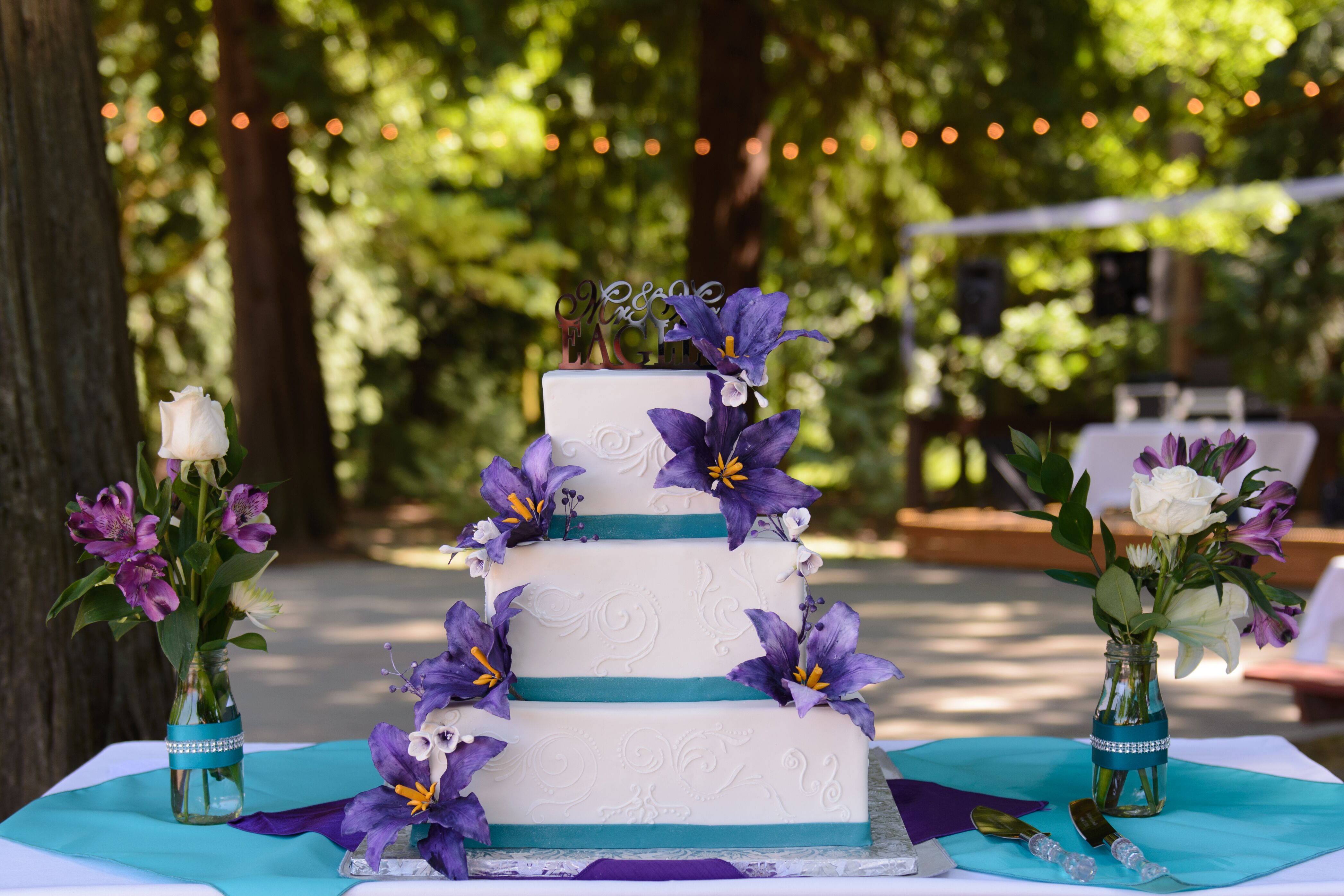 Purple Blue And White Wedding Cake