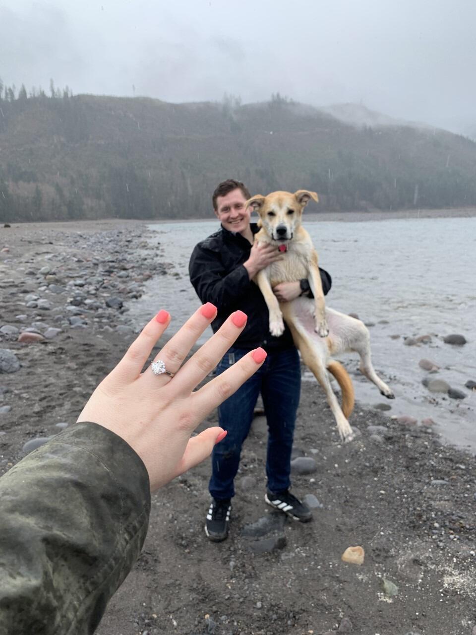 Jason and Alison got engaged at Jason's family cabin in Cougar, WA. It was pouring rain and there wasn't any other human in sight. It was just perfect, and the rest is history!