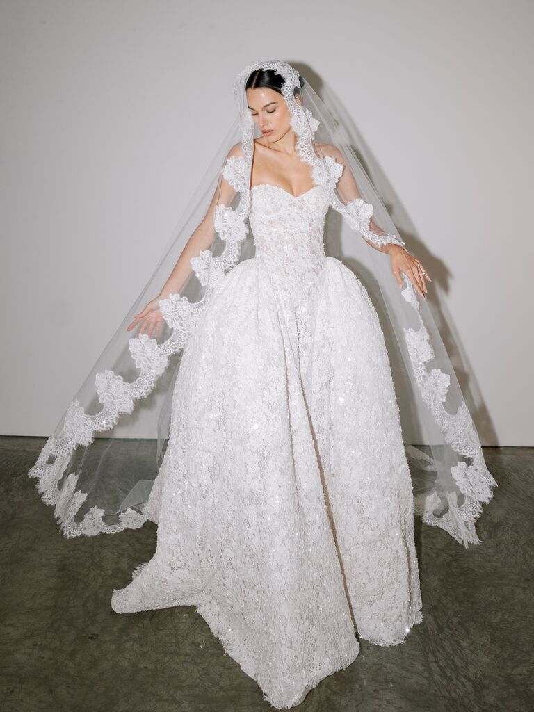 Pnina Tornai wedding dress with sparkly lace, ball gown skirt and lace-lined veil