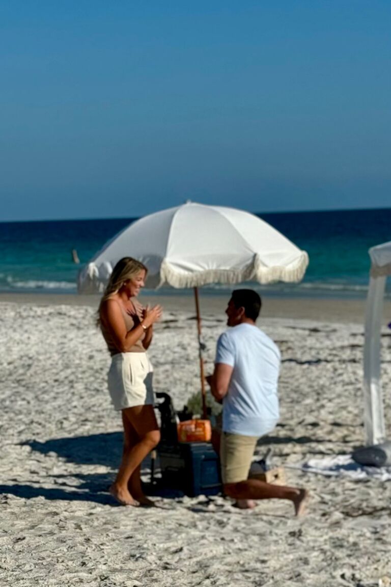 Alex came up with a clever rouse of convincing Emily they were going to a friend's dinner party in Anna Maria Island but it turned out he had a romantic beach proposal prepared. Alex recreated one of their first and favorite dates where they enjoyed sushi and champagne at sunset on that same beach. Following the proposal, their families joined them for dinner and drinks in a beautiful beach suite. Their friends were waiting at a nearby bar with champagne to toast and celebrate!