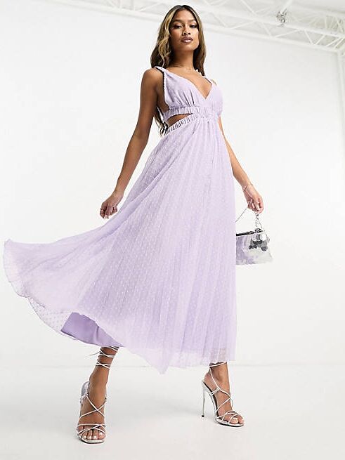 A lilac midi dress with cut-out details at the waist and a textured mesh overskirts from ASOS