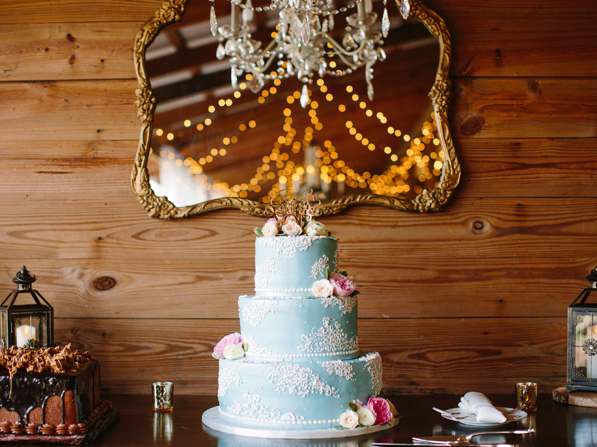 pale blue wedding cake with white fondant