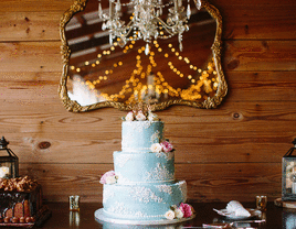 pale blue wedding cake with white fondant