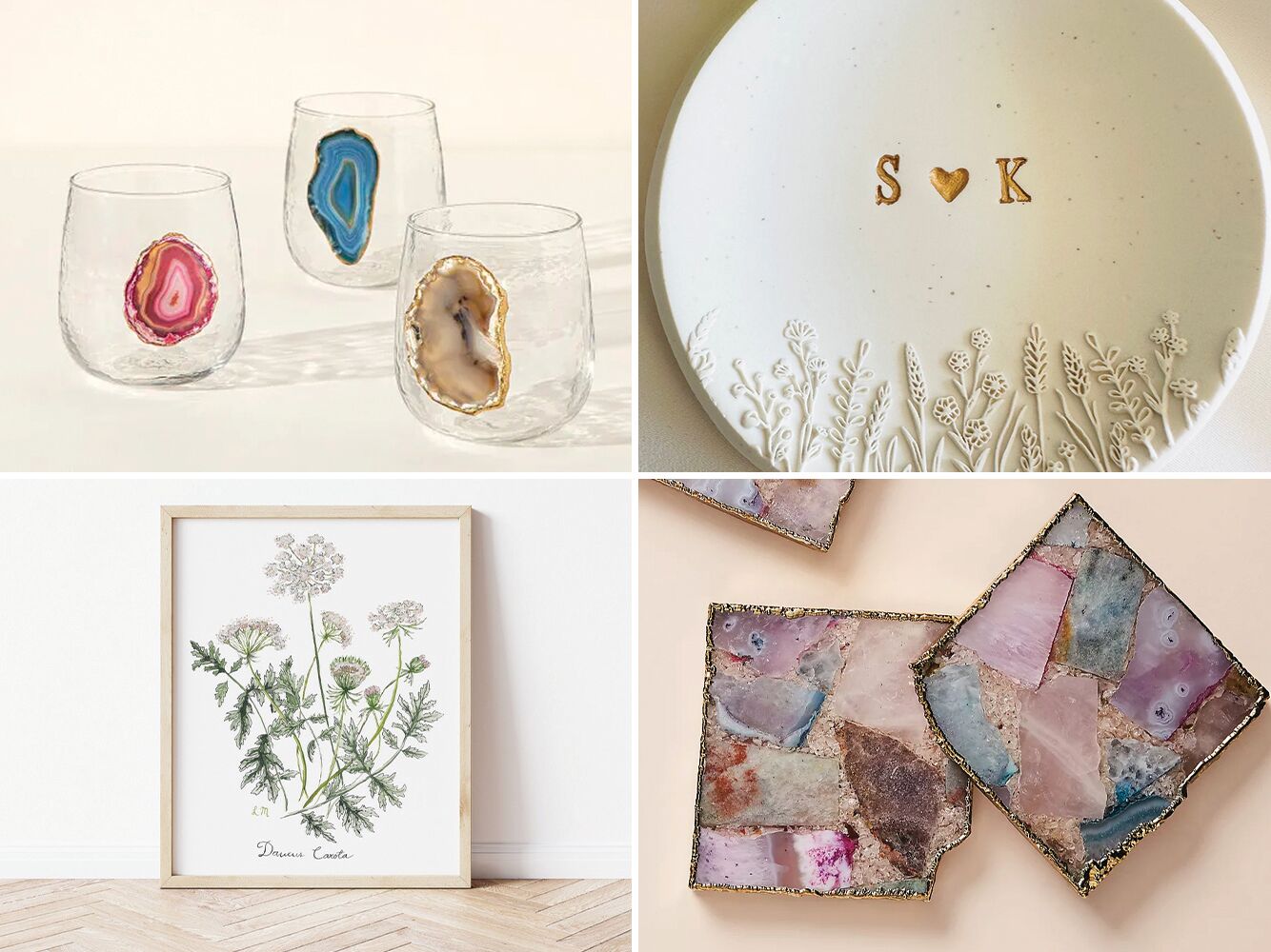 Four 39th anniversary gifts: agate wine glasses, a personalized ring dish, agate coasters, framed wildflower print