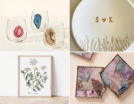 Four 39th anniversary gifts: agate wine glasses, a personalized ring dish, agate coasters, framed wildflower print