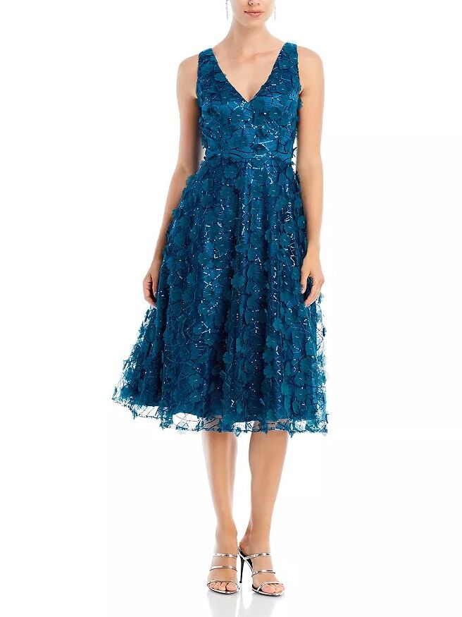 A blue floral lace midi dress with a v-neckline from Bloomingdale's