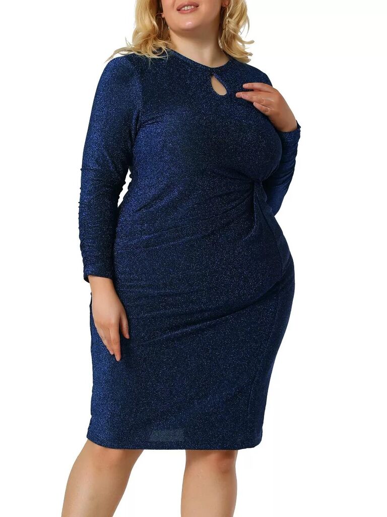 A plus size, midnight blue, shimmery cocktail dress with a keyhole neck detail and long sleeves from Target