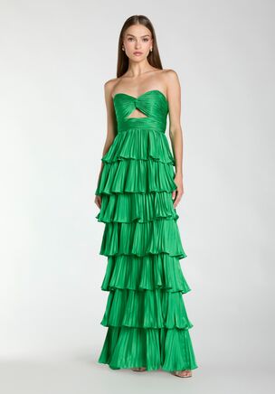 Ieena for Mac Duggal
Pleated charmeuse fabric (100% polyester)
Fully lined
Strapless sweetheart neckline with cut-out
Sleeveless
Ruffle tiered skirt
Concealed back zipper
Approx. 60" from top of shoulder to bottom hem
Available in Spring Green
Style #49981