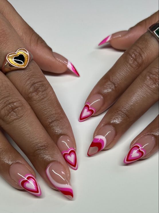 pink retro heart wedding nails