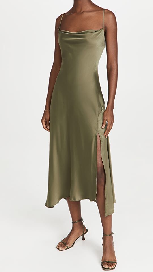 Satin midi dress with cowl neck and front slit