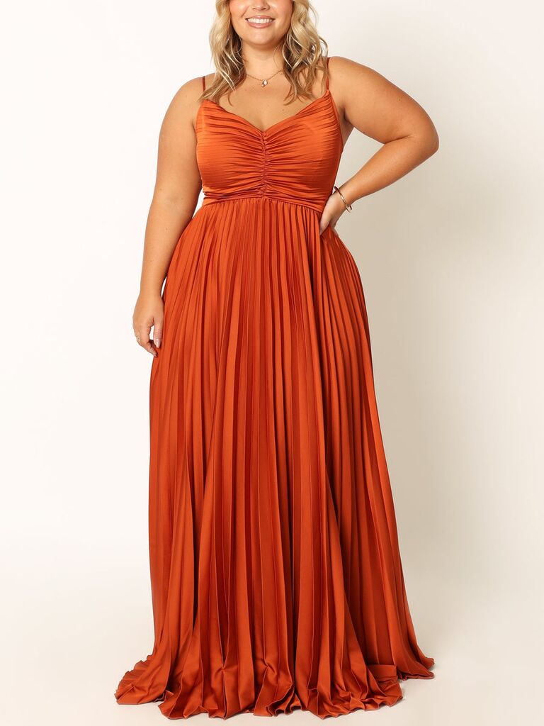 Petal & Pup pleated orange maxi plus size wedding guest dress