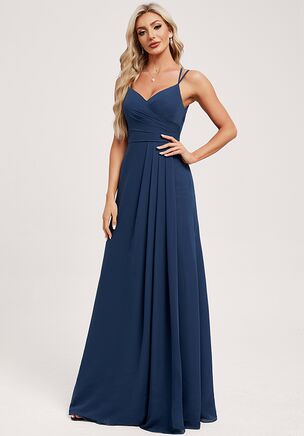 This stunning bridesmaid dress features a flattering V-neckline that beautifully frames the shoulders. The fitted bodice is enhanced by delicate pleats that create an elegant and flowing silhouette. The dress’s floor-length skirt cascades gracefully, adding a touch of refined movement. At the back, the dress showcases a unique crisscross strap design that not only provides a supportive fit but also adds a stylish twist to the overall look. The design combines classic elegance with contemporary appeal, making it a perfect choice for a formal celebration.