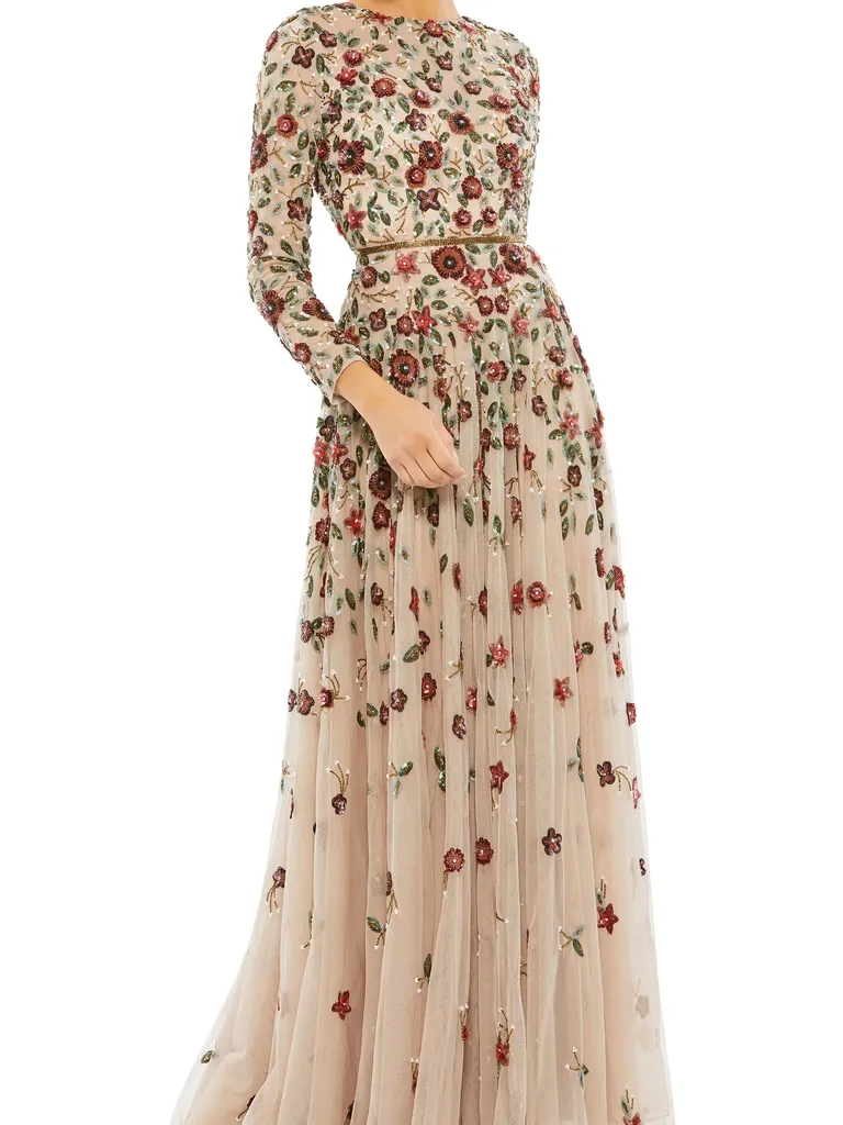 Floral Sequin Long Sleeve A-Line Mother of the Bride Gown