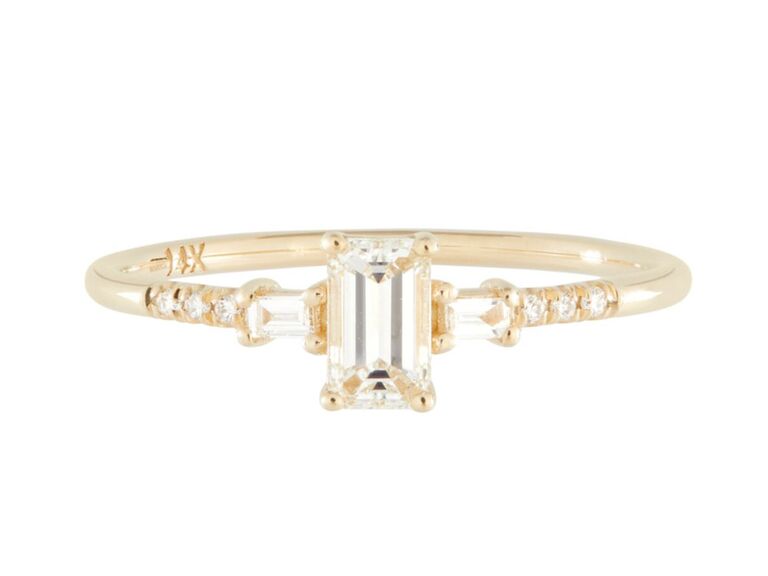 catbird emerald cut diamond engagement ring with claw prongs baguette round side diamonds and yellow gold band