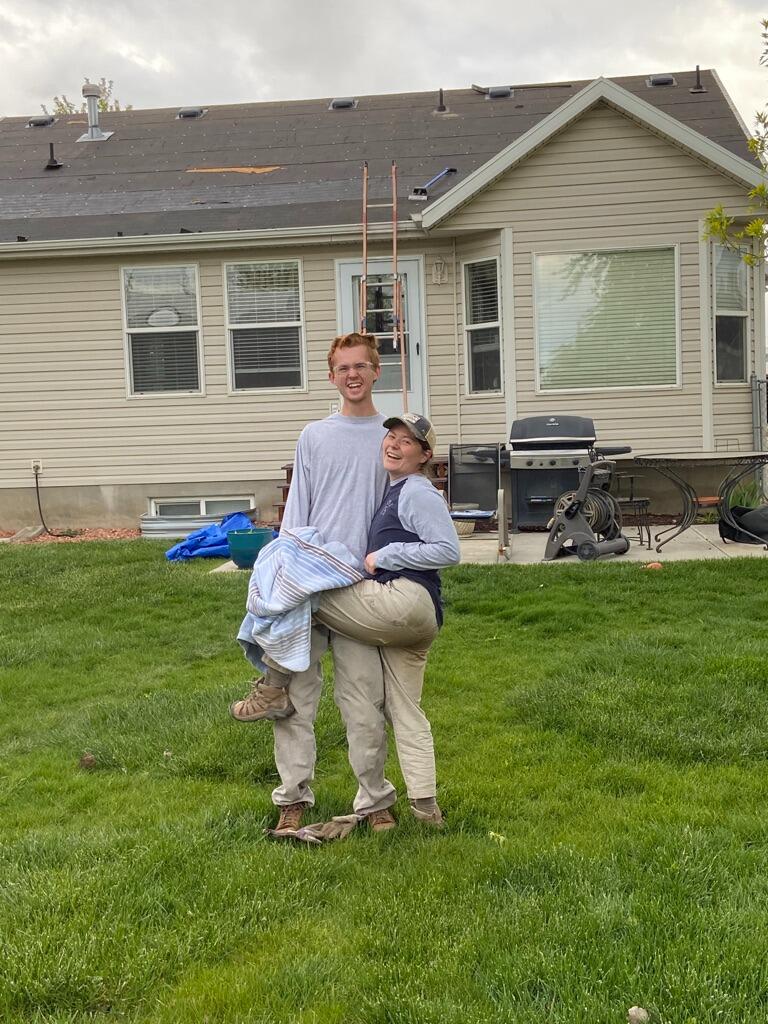 Tanner taught Sarah how to roof a house! She got away with only one hole in her pants!