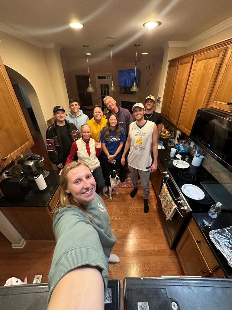 Hanging out at our house with the family, grilling and watching WVU Basketball!! Love having our friends and family over whenever possible.