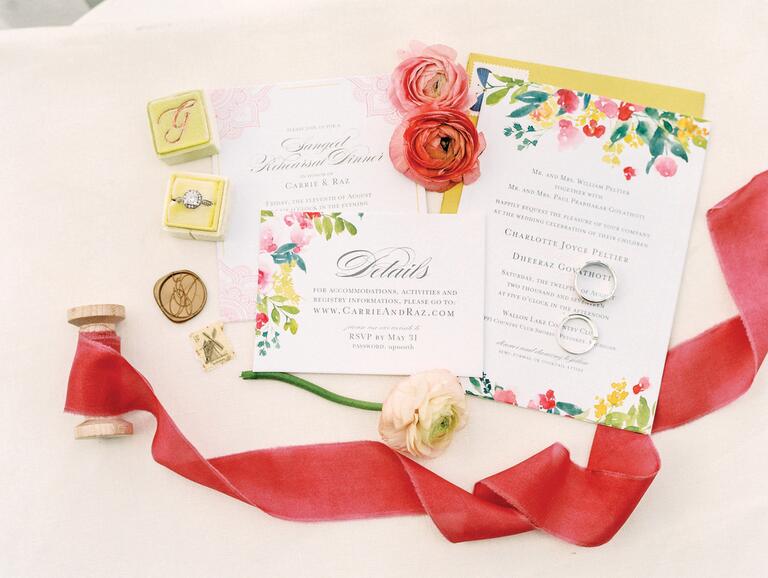 Wedding invitation suite with pink and yellow details