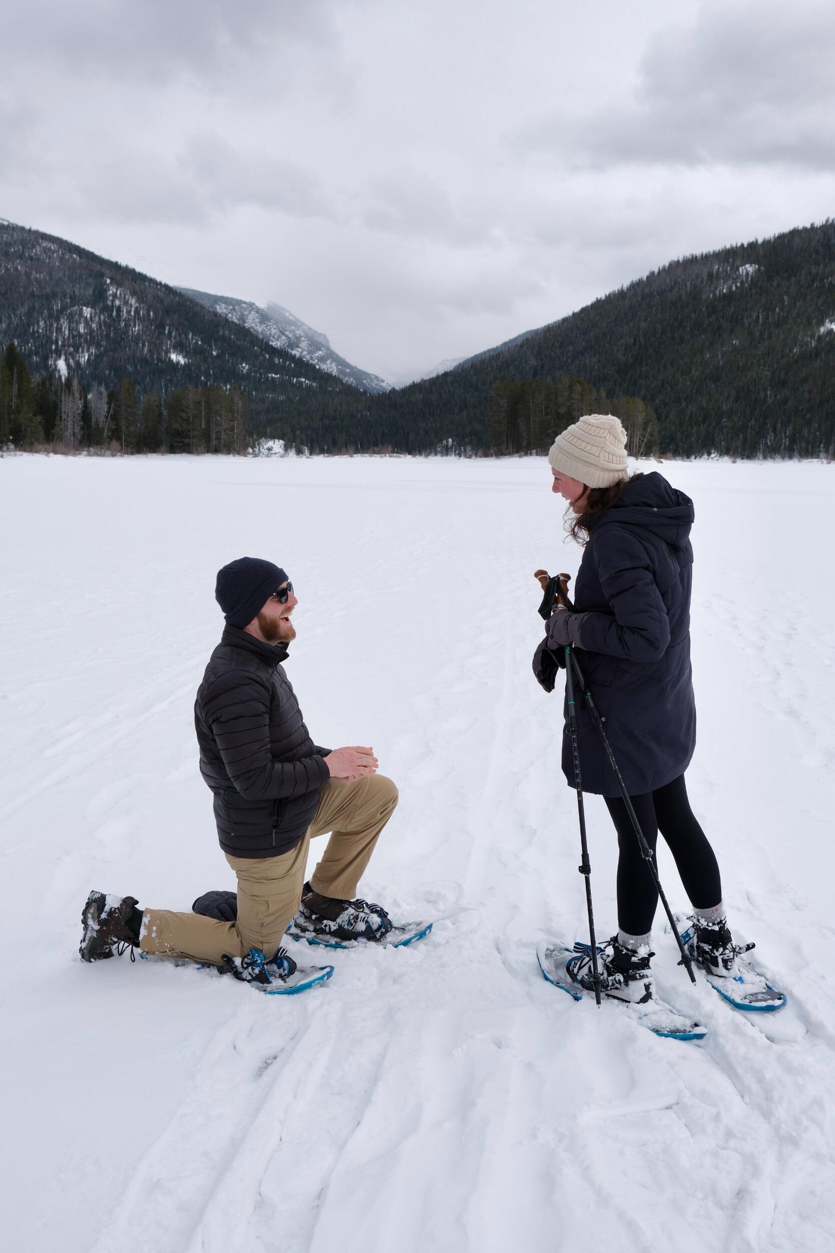 The day we got engaged!! DJ proposed on a frozen lake after snow shoeing 5 miles. He had a dulce de leche cake waiting at the Airbnb that he made from scratch along with the most beautiful bouquet of red roses.