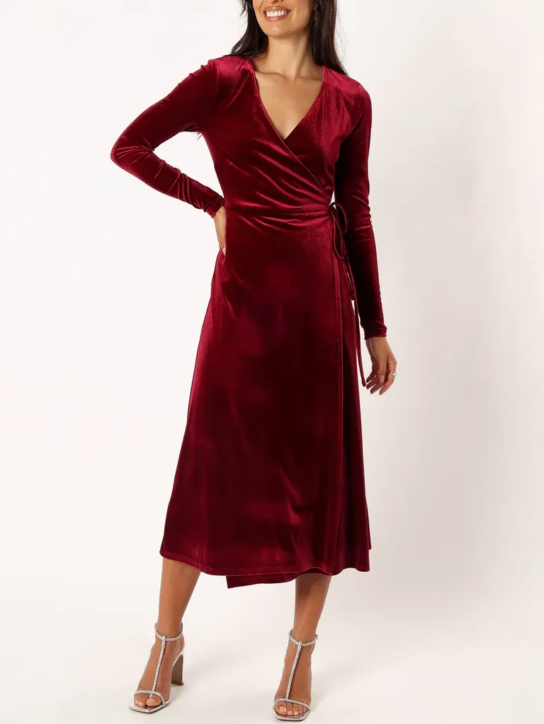 Red velvet midi winter wedding guest dress from Petal & Pup