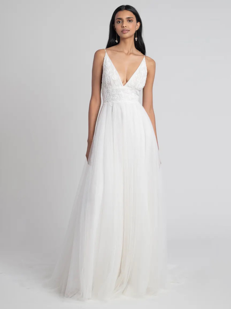 A-line dress with tulle skirt and V-neck applique bodice